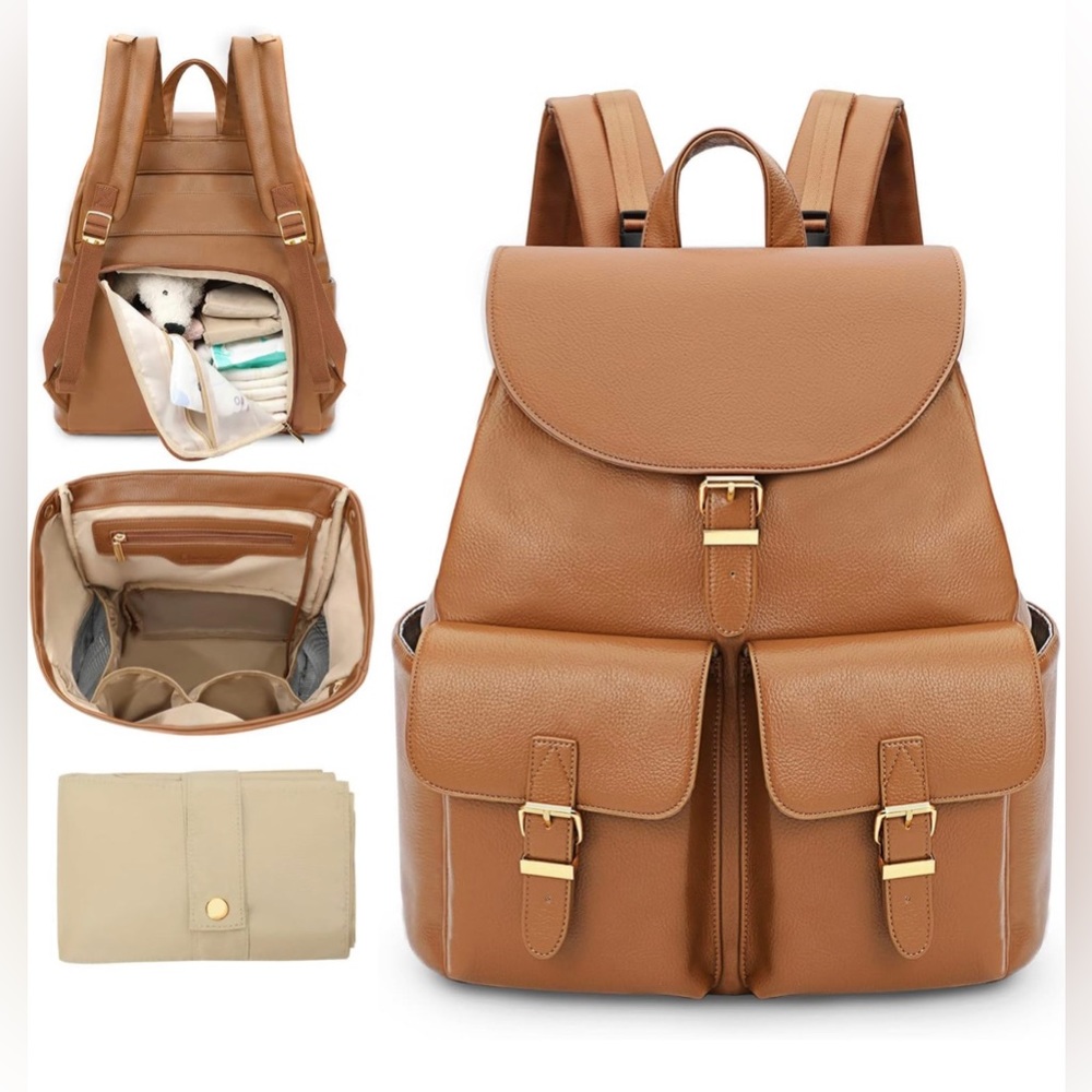 New Leather Diaper Backpack Bag with 12 Organizing Pouches,Changing Pad(brown)